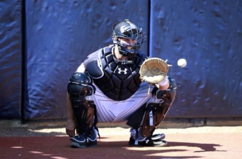 Feb 19, 2016; Tampa, FL, USA; New York Yankees catcher Brian McCann (34) works out at George M. Steinbrenner Field. Mandatory Credit: Kim Klement-USA TODAY Sports