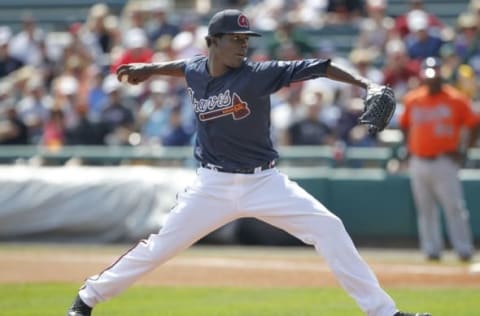 Mar 1, 2016; Lake Buena Vista, FL, USA; Atlanta Braves pitcher Jose Ramirez throws a pitch during the fourth inning of a spring training baseball game against the Baltimore Orioles at Champion Stadium. Mandatory Credit: Reinhold Matay-USA TODAY Sports