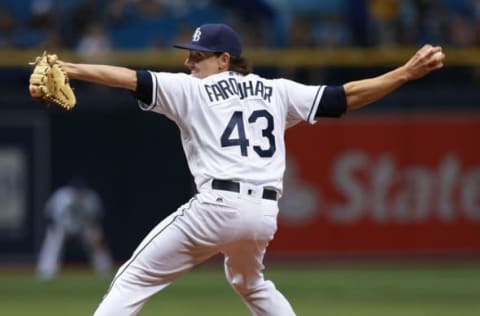 Apr 16, 2016; St. Petersburg, FL, USA; Tampa Bay Rays relief pitcher Danny Farquhar (43) throws a pitch at Tropicana Field. Mandatory Credit: Kim Klement-USA TODAY Sports