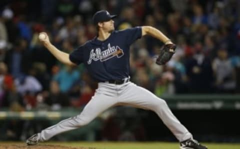 Apr 27, 2016; Boston, MA, USA; Atlanta Braves pitcher John Gant (52) delivers a pitch during the fourth inning against the Boston Red Sox at Fenway Park. Mandatory Credit: Greg M. Cooper-USA TODAY Sports