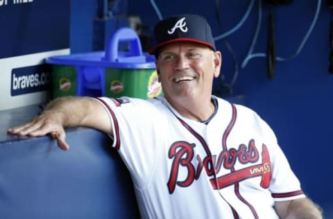 May 24, 2016; Atlanta, GA, USA; Atlanta Braves manager Brian Snitker (43) in the dugout before a game against the Milwaukee Brewers at Turner Field. Mandatory Credit: Brett Davis-USA TODAY Sports