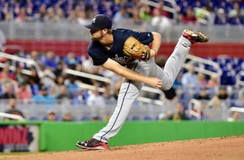 Jun 22, 2016; Miami, FL, USA; Atlanta Braves starting pitcher John Gant (52) delivers a pitch during the first inning against the Miami Marlins at Marlins Park. Mandatory Credit: Steve Mitchell-USA TODAY Sports