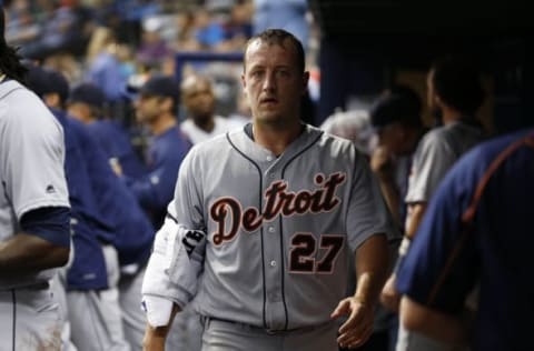 Jun 30, 2016; St. Petersburg, FL, USA; Detroit Tigers starting pitcher Jordan Zimmermann (27) looks on in the dugout during the first inning against the Tampa Bay Rays at Tropicana Field. Mandatory Credit: Kim Klement-USA TODAY Sports