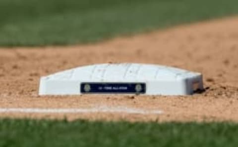 POOL Aug 14, 2016; Bronx, NY, USA; Detailed view of first base with a Mariano Rivera plaque during a game between the New York Yankees and the Tampa Bay Rays Yankee Stadium. The Tampa Bay Rays won 12-3. Mandatory Credit: Bill Streicher-USA TODAY Sports