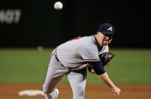 Aug 23, 2016; Phoenix, AZ, USA; Atlanta Braves starting pitcher Rob Whalen (63) throws during the first inning against the Arizona Diamondbacks at Chase Field. Mandatory Credit: Matt Kartozian-USA TODAY Sports