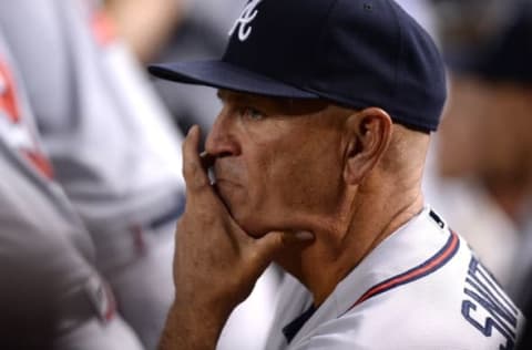 Aug 25, 2016; Phoenix, AZ, USA; Atlanta Braves interim manager Brian Snitker (43) looks on during the first ining against the Arizona Diamondbacks at Chase Field. Mandatory Credit: Joe Camporeale-USA TODAY Sports