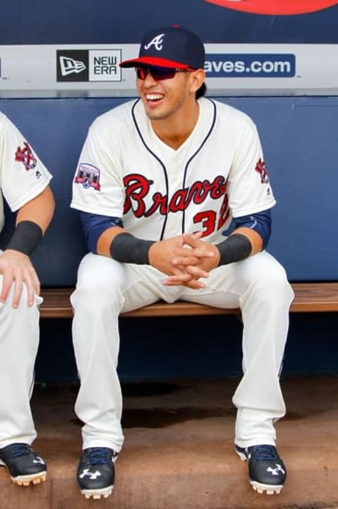 Sep 17, 2016; Atlanta, GA, USA; Atlanta Braves infielder Rio Ruiz (32) in the dugout before a game against the Washington Nationals at Turner Field. Mandatory Credit: Brett Davis-USA TODAY Sports