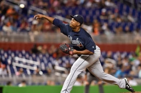 Sep 23, 2016; Miami, FL, USA; Atlanta Braves relief pitcher Mauricio Cabrera (62) delivers a pitch during the ninth inning against the Miami Marlins at Marlins Park. The Braves won 3-2. Mandatory Credit: Steve Mitchell-USA TODAY Sports
