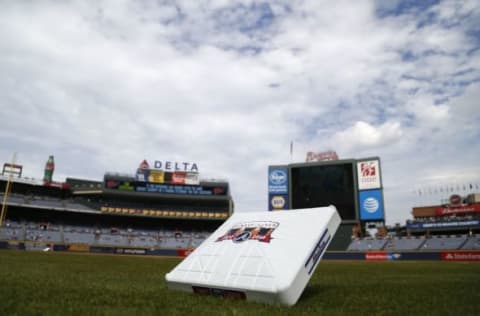 Oct 2, 2016; Atlanta, GA, USA; General view of a Turner Field logo on first base before a game between the Atlanta Braves and Detroit Tigers at Turner Field. Mandatory Credit: Brett Davis-USA TODAY Sports