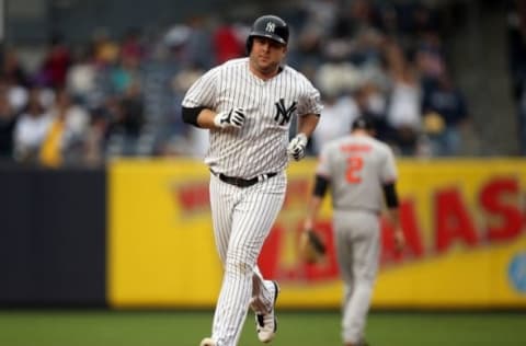 Oct 2, 2016; Bronx, NY, USA; New York Yankees catcher Brian McCann (34) circles the bases after hitting a home run in the bottom of the fourth inning against the Baltimore Orioles at Yankee Stadium. It was the 20th of the season for McCann. Mandatory Credit: Danny Wild-USA TODAY Sports