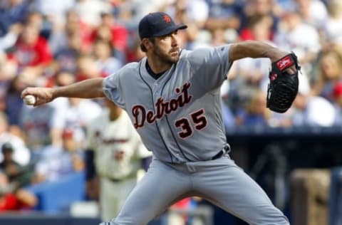 Oct 2, 2016; Atlanta, GA, USA; Detroit Tigers starting pitcher Justin Verlander (35) throws a pitch against the Atlanta Braves in the fifth inning at Turner Field. Mandatory Credit: Brett Davis-USA TODAY Sports