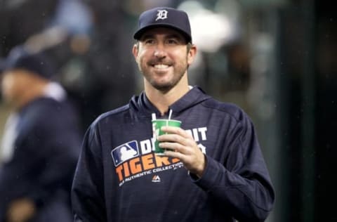 Sep 28, 2016; Detroit, MI, USA; Detroit Tigers starting pitcher Justin Verlander (35) smiles from the dugout before the game against the Cleveland Indians at Comerica Park. Game called for bad weather after 5 innings. Tigers win 6-3. Mandatory Credit: Raj Mehta-USA TODAY Sports