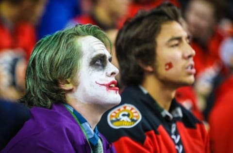 Oct 28, 2016; Calgary, Alberta, CAN; Fan dressed up for Halloween during the first period between the Calgary Flames and the Ottawa Senators at Scotiabank Saddledome. Mandatory Credit: Sergei Belski-USA TODAY Sports