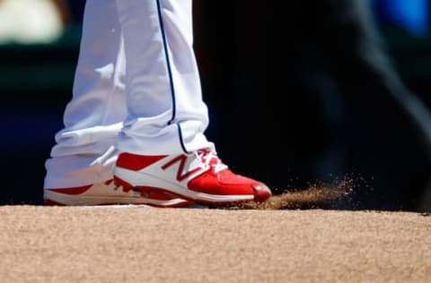 Aug 20, 2016; Cleveland, OH, USA; Cleveland Indians starting pitcher Corey Kluber (28) kicks dirt on the mound in the first inning against the Toronto Blue Jays at Progressive Field. Mandatory Credit: Rick Osentoski-USA TODAY Sports