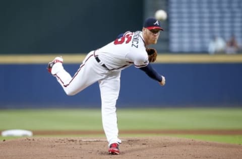 Sep 12, 2016; Atlanta, GA, USA; Atlanta Braves starting pitcher Mike Foltynewicz (26) throws a pitch against the Miami Marlins in the first inning at Turner Field. Mandatory Credit: Brett Davis-USA TODAY Sports