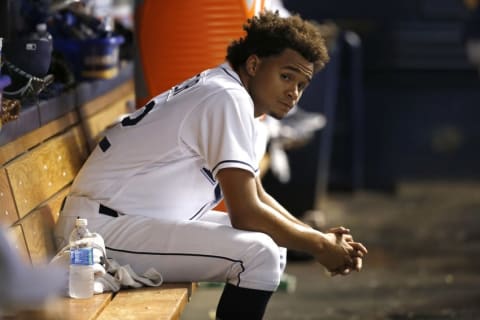 Sep 23, 2016; St. Petersburg, FL, USA; Tampa Bay Rays starting pitcher Chris Archer (22) looks on from the dugout during the third inning against the Boston Red Sox at Tropicana Field. Mandatory Credit: Kim Klement-USA TODAY Sports