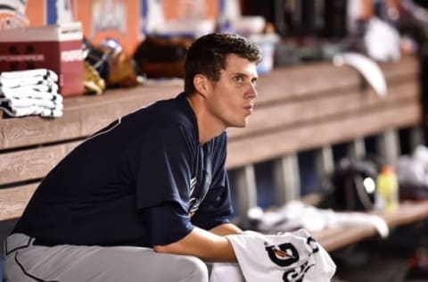 Sep 23, 2016; Miami, FL, USA; Atlanta Braves starting pitcher Matt Wisler (37) looks on from the dugout during the fourth inning against the Miami Marlins at Marlins Park. Mandatory Credit: Steve Mitchell-USA TODAY Sports