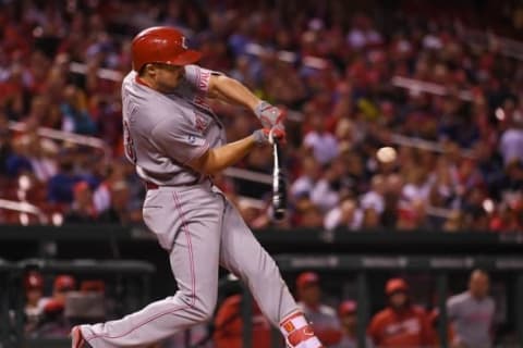 Sep 28, 2016; St. Louis, MO, USA; Cincinnati Reds left fielder Adam Duvall (23) hits a two run single against the St. Louis Cardinals in the third inning at Busch Stadium. Mandatory Credit: Scott Rovak-USA TODAY Sports