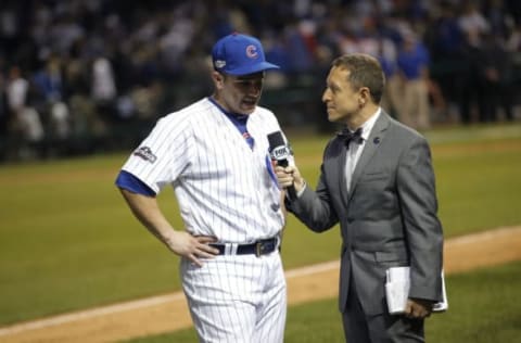 Oct 15, 2016; Chicago, IL, USA; Chicago Cubs catcher Miguel Montero (47) is interviewed by Ken Rosenthal after defeating the Los Angeles Dodgers during game one of the 2016 NLCS playoff baseball series at Wrigley Field. Cubs won 8-4. Mandatory Credit: Jon Durr-USA TODAY Sports