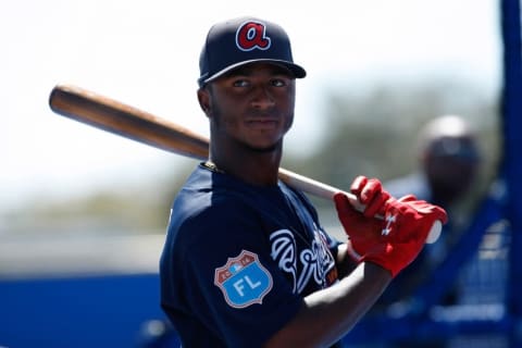 Mar 7, 2016; Dunedin, FL, USA; Atlanta Braves shortstop Ozzie Albies (87) works out prior to the game against the Toronto Blue Jays at Florida Auto Exchange Park. Mandatory Credit: Kim Klement-USA TODAY Sports