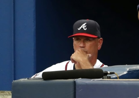 May 31, 2016; Atlanta, GA, USA; Atlanta Braves interim manager Brian Snitker (43) watches from the dugout in the fourth inning of their game against the San Francisco Giants at Turner Field. Mandatory Credit: Jason Getz-USA TODAY Sports