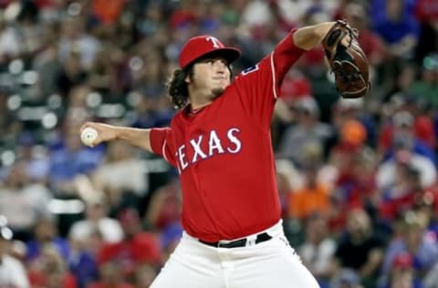 Jun 8, 2016; Arlington, TX, USA; Texas Rangers relief pitcher Luke Jackson (77) throws during the game against the Houston Astros at Globe Life Park in Arlington. Mandatory Credit: Kevin Jairaj-USA TODAY Sports