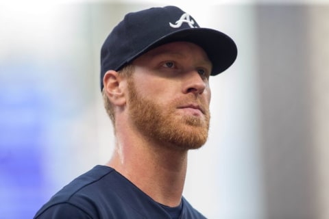 Jul 27, 2016; Minneapolis, MN, USA; Atlanta Braves starting pitcher Mike Foltynewicz (26) prepares to play the Minnesota Twins before the game at Target Field. The Braves win 9-7. Mandatory Credit: Bruce Kluckhohn-USA TODAY Sports