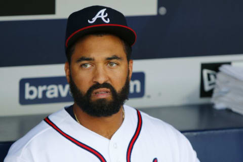 Sep 12, 2016; Atlanta, GA, USA; Atlanta Braves left fielder Matt Kemp (27) prepares for a game against the Miami Marlins at Turner Field. Mandatory Credit: Brett Davis-USA TODAY Sports