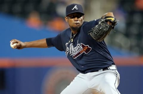 Sep 20, 2016; New York City, NY, USA; Atlanta Braves starting pitcher Julio Teheran (49) pitches against the New York Mets during the first inning at Citi Field. Mandatory Credit: Brad Penner-USA TODAY Sports