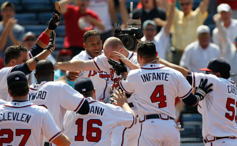 Brooks Conrad of the Atlanta Braves after hitting a walk-off grand slam May 20, 2010. (Photo by Kevin C. Cox/Getty Images)