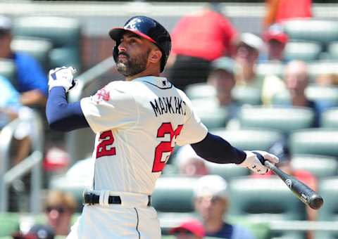 ATLANTA, GA – JULY 29: Nick Markakis #22 of the Atlanta Braves knocks in a run with a first inning double against the Los Angeles Dodgers at SunTrust Park on July 29, 2018 in Atlanta, Georgia. (Photo by Scott Cunningham/Getty Images)