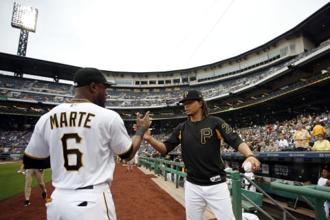 PITTSBURGH, PA – AUGUST 01: Chris Archer #24 of the Pittsburgh Pirates high fives Starling Marte #6 before the game against the Chicago Cubs at PNC Park on August 1, 2018 in Pittsburgh, Pennsylvania. (Photo by Justin K. Aller/Getty Images)