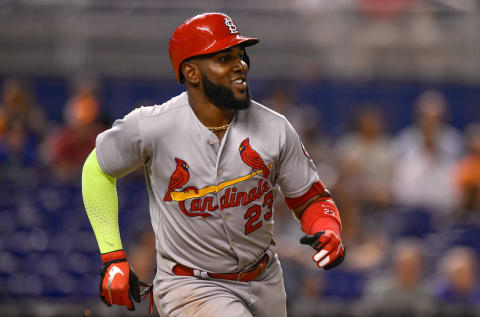 MIAMI, FL – AUGUST 07: Marcell Ozuna #23 of the St. Louis Cardinals singles in the second inning against the St. Louis Cardinals at Marlins Park on August 7, 2018 in Miami, Florida. (Photo by Mark Brown/Getty Images)