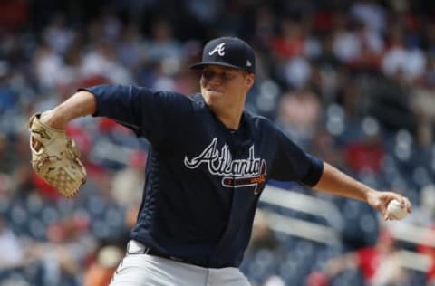 WASHINGTON, DC – AUGUST 09: Adam McCreery #68 of the Atlanta Braves pitches in the eighth inning against the Washington Nationals at Nationals Park on August 9, 2018 in Washington, DC. (Photo by Patrick McDermott/Getty Images)