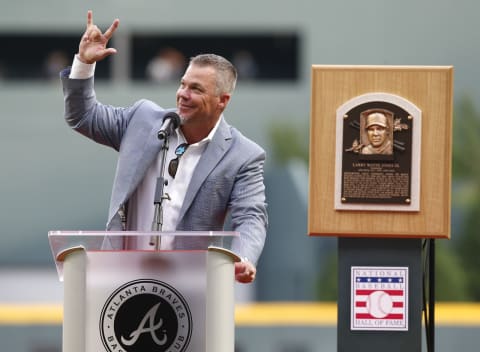 ATLANTA, GA – AUGUST 10: Former Atlanta Braves third baseman and Hall of Fame inductee Chippper Jones #10 of the Atlanta Braves addresses the crowd before the game against the Milwaukee Brewers at SunTrust Park on August 10, 2018, in Atlanta, Georgia. (Photo by Mike Zarrilli/Getty Images)