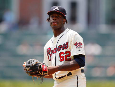 ATLANTA, GA – AUGUST 13: Touki Toussaint #62 of the Atlanta Braves walks on the field for his MLB debut during game one of a doubleheader against the Miami Marlins at SunTrust Park on August 13, 2018 in Atlanta, Georgia. (Photo by Kevin C. Cox/Getty Images)