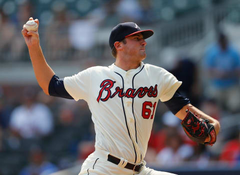 ATLANTA, GA – AUGUST 13: Chad Sobbotka #61 of the Atlanta Braves pitches in the ninth inning against the Miami Marlins during game one of a doubleheader at SunTrust Park on August 13, 2018 in Atlanta, Georgia. (Photo by Kevin C. Cox/Getty Images)