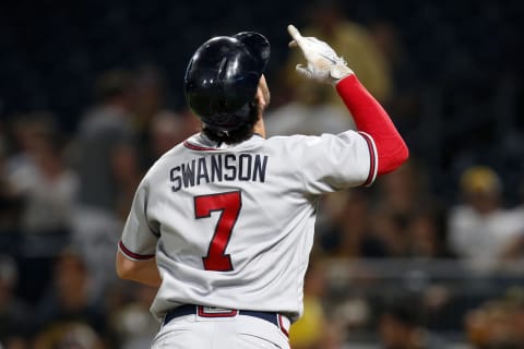 PITTSBURGH, PA – AUGUST 21: Dansby Swanson #7 of the Atlanta Braves reacts after hitting a two run home run in the fifth inning against the Pittsburgh Pirates at PNC Park on August 21, 2018 in Pittsburgh, Pennsylvania. (Photo by Justin K. Aller/Getty Images)