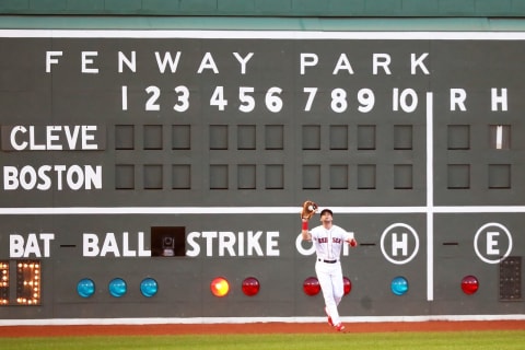 BOSTON, MA – AUGUST 22: Andrew Benintendi #16 of the Boston Red Sox makes a catch in from of the green Monster scoreboard in the first inning of a game against ethics’s Cleveland Indians at Fenway Park on August 22, 2018 in Boston, Massachusetts. (Photo by Adam Glanzman/Getty Images)