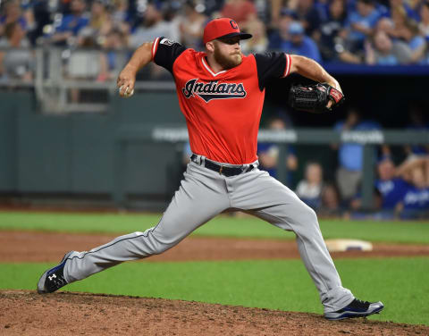 KANSAS CITY, MO – AUGUST 24: Cody Allen #37 of the Cleveland Indians throws in the ninth inning against the Kansas City Royals at Kauffman Stadium on August 24, 2018 in Kansas City, Missouri. Players are wearing special jerseys with their nicknames on them during Players’ Weekend. (Photo by Ed Zurga/Getty Images)