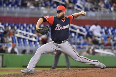 MIAMI, FL – AUGUST 26: A.J. Minter #33 of the Atlanta Braves throws a pitch during the ninth inning against the Miami Marlins at Marlins Park on August 26, 2018 in Miami, Florida. All players across MLB will wear nicknames on their backs as well as colorful, non-traditional uniforms featuring alternate designs inspired by youth-league uniforms during Players Weekend. (Photo by Eric Espada/Getty Images)