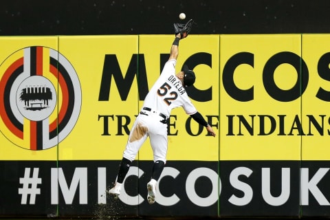 MIAMI, FL – SEPTEMBER 03: Rafael Ortega #52 of the Miami Marlins makes a catch in the sixth inning against the Philadelphia Phillies at Marlins Park on September 3, 2018 in Miami, Florida. (Photo by Michael Reaves/Getty Images)