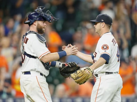 HOUSTON, TX – SEPTEMBER 03: Brad Peacock #41 of the Houston Astros shakes hands with Brian McCann #16 after defeating the Minnesota Twins 4-1 at Minute Maid Park on September 3, 2018 in Houston, Texas. (Photo by Bob Levey/Getty Images)