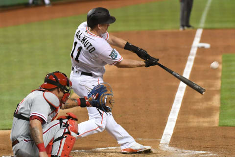 MIAMI, FL – SEPTEMBER 4: J.T. Realmuto #11 of the Miami Marlins hits a home run in the first inning against the Philadelphia Phillies at Marlins Park on September 4, 2018 in Miami, Florida. (Photo by Eric Espada/Getty Images)