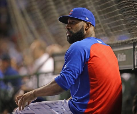 CHICAGO, IL – SEPTEMBER 12: Jason Heyward #22 of the Chicago Cubs watches from the dugout as teammates take on the Milwaukee Brewers at Wrigley Field on September 12, 2018 in Chicago, Illinois. The Brewers defeated the Cubs 5-1. (Photo by Jonathan Daniel/Getty Images)