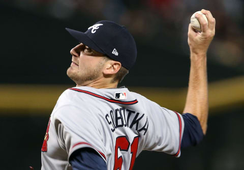 PHOENIX, AZ – SEPTEMBER 09: Chad Sobotka #61 of the Atlanta Braves pitches against the Arizona Diamondbacks during the sixth inning of an MLB game at Chase Field on September 9, 2018 in Phoenix, Arizona. (Photo by Ralph Freso/Getty Images)