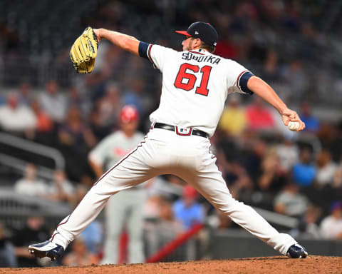 ATLANTA, GA – SEPTEMBER 20: Chad Sobbotka #61 of the Atlanta Braves throws a ninth inning pitch against the Philadelphia Phillies at SunTrust Park on September 20, 2018 in Atlanta, Georgia. (Photo by Scott Cunningham/Getty Images)