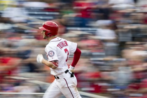 WASHINGTON, DC – SEPTEMBER 22: Trea Turner #7 of the Washington Nationals hits a two-run home run against the New York Mets during the third inning at Nationals Park on September 22, 2018 in Washington, DC. (Photo by Scott Taetsch/Getty Images)