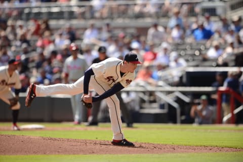 ATLANTA, GA – SEPTEMBER 23: Max Frried #54 of the Atlanta Braves pitches against the Philadelphia Phillies at SunTrust Park on September 23, 2018 in Atlanta, Georgia. (Photo by Stephen Nowland/Getty Images)