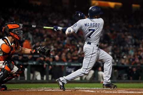 SAN FRANCISCO, CA – SEPTEMBER 24: Manuel Margot #7 of the San Diego Padres hits an RBI single against the San Francisco Giants during the second inning at AT&T Park on September 24, 2018 in San Francisco, California. (Photo by Jason O. Watson/Getty Images)